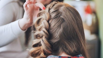 Professional hairdresser styling intricate braid, working meticulously on client's hair at modern...