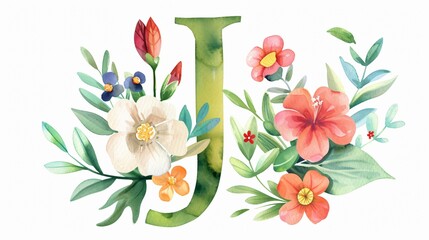 Elegant Monogram J Letter with Watercolor Flowers and Leaf Design