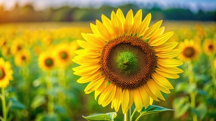 Fototapeta premium Bright yellow sunflower head with large brown seeds and green stem in a field, gardening, landscape, field, sunlight, botanical