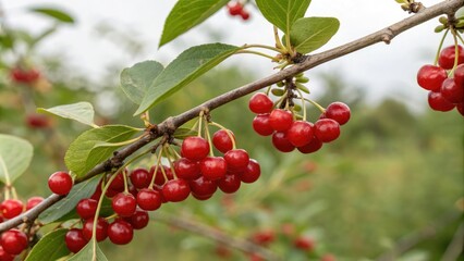 Obraz premium Berries of Shepherdia canadensis ripe red color hanging from a twig, fall, nature, forest floor