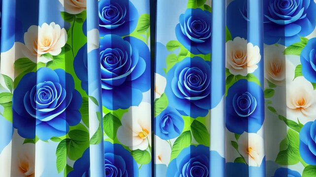 Blue Rose Curtain: A vibrant curtain featuring a repeating pattern of deep blue roses and creamy white roses, accented with lush green leaves. The fabric drapes elegantly.