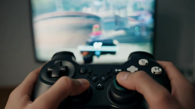 close-up of a player, hands holding a joystick against the background of a TV