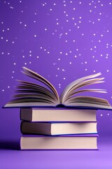 An open book rests on stacked books against a starry purple background.