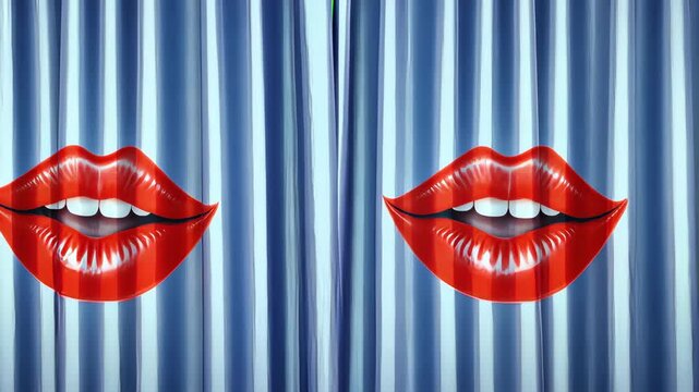 Red Lips Behind Curtains: A pair of vibrant red lips peek playfully from behind a curtain of blue and white vertical stripes.  The image is bold, graphic, and subtly mysterious. 