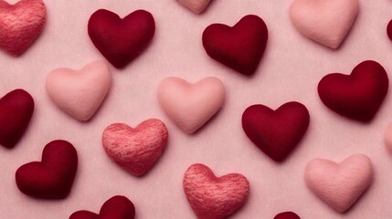 Fototapeta premium Scattered Hearts in Warm Tones on Soft Pink Background