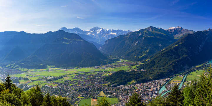 View of Jungfrau, Monch and Eiger mountains from Harder Kulm, Interlaken, Jungfrau Region, Bernese Oberland, Switzerland