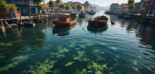 Fototapeta premium Barco lleno de algas y cubierta de lodo en un puerto, agua sucia , barcos varados, muelle flotante