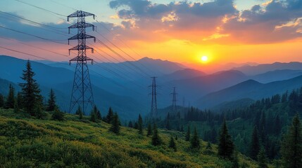 Mountain sunset power lines landscape energy