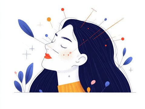 Abstract illustration of a woman with flowing hair and colorful geometric patterns, symbolizing creativity, innovation, and thought process in digital art