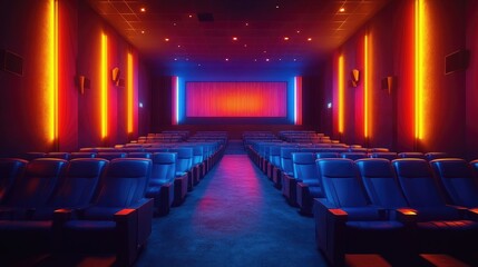 Fototapeta premium Neon-lit cinema auditorium, empty seats, movie screen