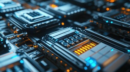 Fototapeta premium Mass production assembly line of electric vehicle battery cells close-up view