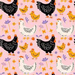 Easter chicken bird seamless vector pattern. Cute groovy funky cartoon illustration of cute little chicken, black hen and flowers on pink background