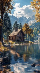 Fototapeta premium Cozy wooden cabin by the lake surrounded by mountains and trees during sunset in a serene landscape