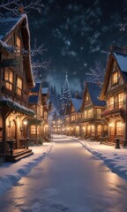 Naklejka premium Christmas village with snowflakes falling gently , winter wonderland scene, frozen lake, cozy cottages festive scene white flakes gently fall