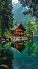 Fototapeta premium Cozy wooden cabin by the lake surrounded by mountains and trees during sunset in a serene landscape