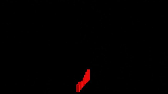 Red rotation growth graph with rising bars and arrow on black chromakey background for inserts.