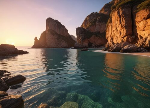Cala di Cupabia at sunset with a warm color palette, ocean, cupabia, sea