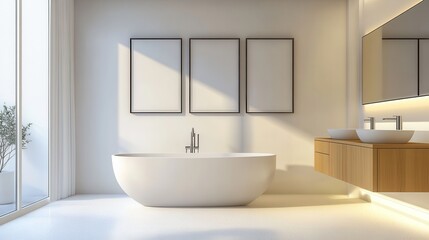 A minimalist bathroom interior featuring sleek brown cabinets, a pristine white bathtub, and blank posters adorning the walls.