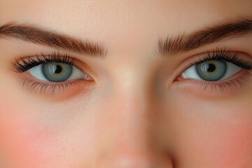 Fototapeta premium A woman with long brown hair and blue eyes. She has a light pinkish tint to her skin