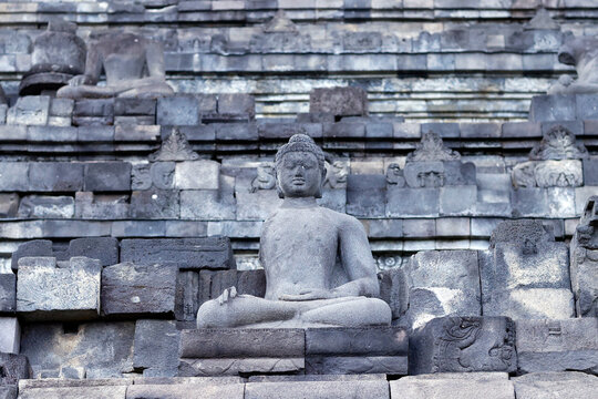Stone Buddha statue, Borobudur, 9th-century Mahayana Buddhist temple, UNESCO, Java, Indonesia