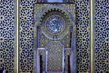 Al Akbar Surabaya National Mosque, Minbar decorated with arabesque geometrical patterns, Surabaya, Java, Indonesia