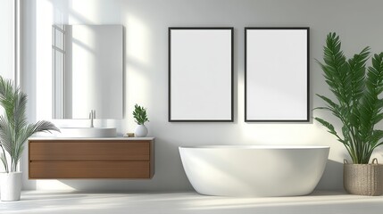 Fototapeta premium A minimalist bathroom interior featuring sleek brown cabinets, a pristine white bathtub, and blank posters adorning the walls.