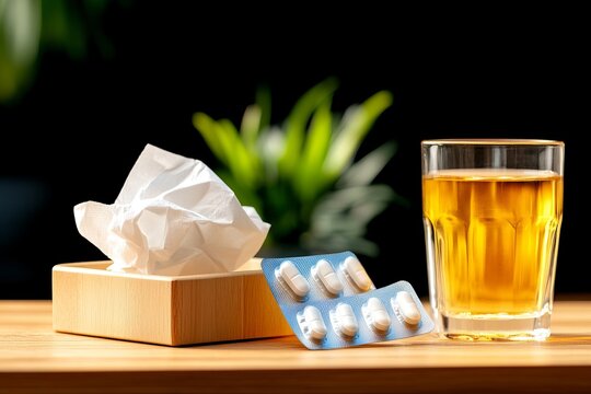 Term&oacute;metro digital y medicinas acompa&ntilde;ados de un vaso de bebida en una mesa de madera