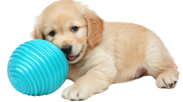 Adorable Golden Retriever puppy playfully interacting with a teal textured ball, isolated on white background. Perfect for pet product advertising or general pet-themed content.