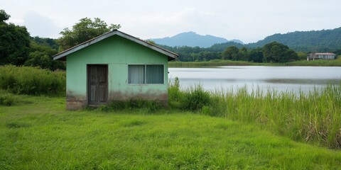 A small green house sits on a grassy field next to a lake. The house is old and he is abandoned. The surrounding area is lush and green, with tall grass and a body of water nearby