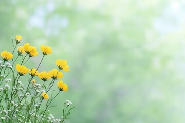A field of yellow flowers with a green background. The flowers are in full bloom and the background is a mix of green and blue. Concept of peace and tranquility