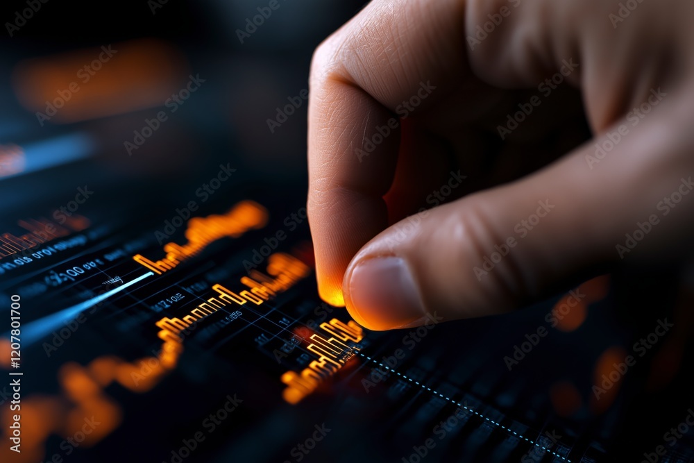 Poster close-up view of a hand interacting with data visualizations on a screen in a modern digital environ