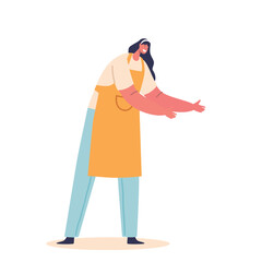 Happy Woman Mother Or Housewife Wearing Apron Stretching Her Hands Out To Greet Someone. Positive Female Character