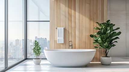 Fototapeta premium A modern bathroom featuring wooden cabinets, dual sinks, and arched mirrors set against a light background.