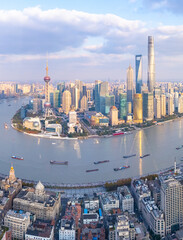Aerial View of Shanghai skyline with Huangpu river