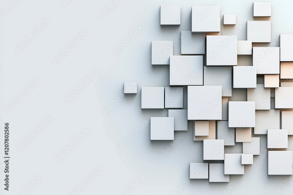 Poster abstract composition of overlapping white square shapes creating a modern design on a light backgrou