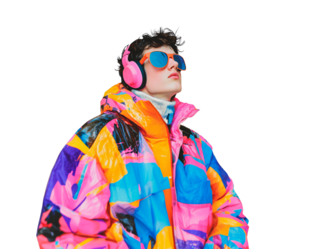 Bright Neon Retro Jacket with Stylish Headphones and Sunglasses - 80s Aesthetic Vibrant Streetwear Fashion Concept Featuring Bold Colors and Modern Youthful Style.