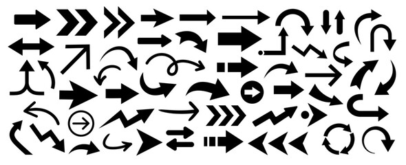 Arrows flat icons set. Black direction pointers silhouettes. Various arrows signs isolated on white background. Navigation symbols and directional icons