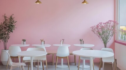 A trendy modern caf&eacute; interior with round tables, soft pink walls, and elegant d&eacute;cor, creating a chic and inviting atmosphere.