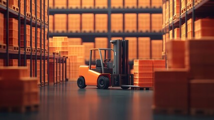 Forklift Handling Crates in Organized Warehouse Setting,Clean Logistics Design in 3D