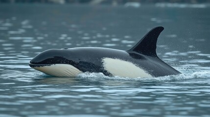 Fototapeta premium Orca swimming gracefully in calm waters, showcasing its natural behavior against a serene backdrop