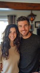 Fototapeta premium Smiling couple stands together outdoors enjoying a sunny day in a park surrounded by greenery