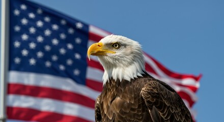 A bald eagle perched proudly before the American flag, representing the essence of freedom.
