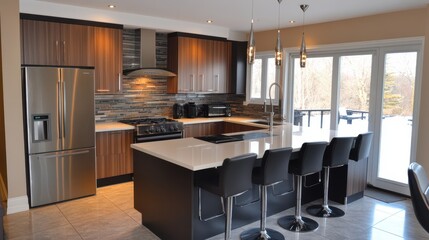 A modern home kitchen featuring a sleek bar counter, a fridge, and a large window, with an empty wall that offers flexibility for customization.