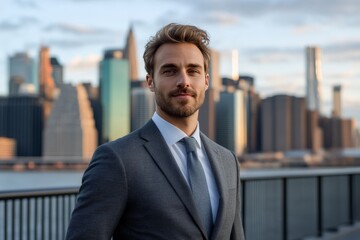 Confident man in formal attire poses against a stunning city skyline during golden hour