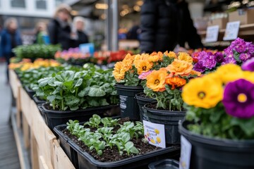 This image showcases a vibrant array of colorful flowers arranged beautifully in pots at a lively market, creating a cheerful and inviting atmosphere for visitors.
