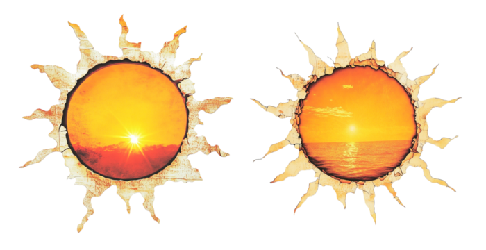 Fiery and dramatic sun imagery with a golden sunset, framed by ripped paper edges, showcasing a surreal and vibrant scene of sunrays over the ocean or landscape. PNG on transparent background.