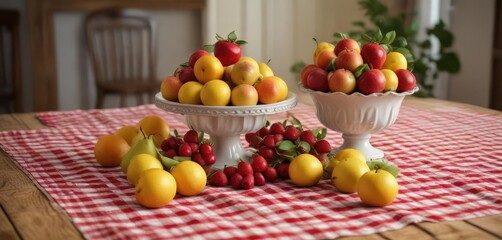 Checkered tablecloth on a wooden table with fruit centerpiece , interior, tablecloth