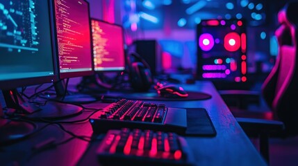 Neon-lit Gaming Setup: Immersive Computer Battle Station