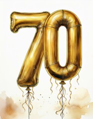 Obraz premium Gold birthday / anniversary party balloon, number 70, watercolor painting with white background