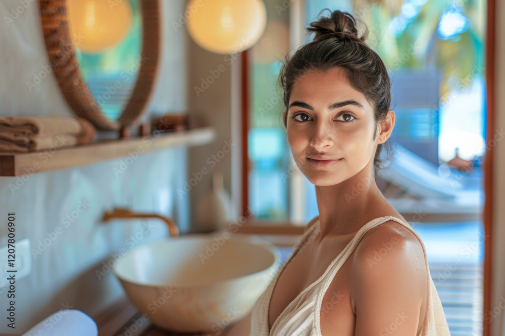 Sticker Relaxed young woman in a tropical bathroom with natural light and elegant decor